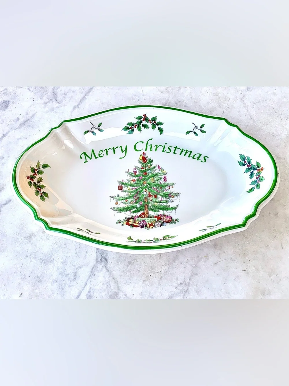 SPODE CHRISTMAS TREE OVAL MERRY CHRISTMAS TRAY PLATTER NEW GREEN GIFTS TOYS